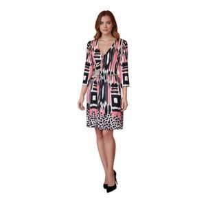 Patterned Dress Animal Print V Neck Long Sleeve Dress Cinched Waist